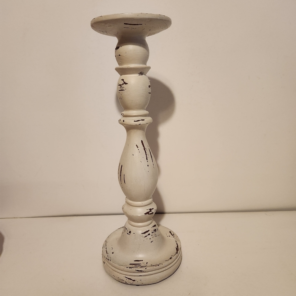 12” At Home White Rustic Worn Design Candlestick - Picture 3 of 8